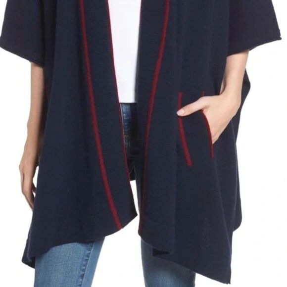 Draper James 100% Wool Cora Cape Open Cardigan in Nassau Navy & Maroon Red Trim - Picture 3 of 11